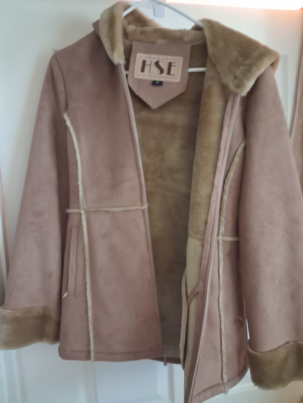 Women's Faux Shearling Hooded Pea Coat in Dusty Pink